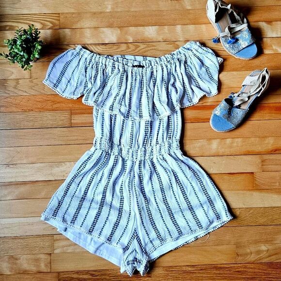 Lulus Striped Off-Shoulder Romper - Picture 1 of 9